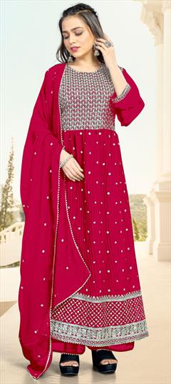 Reception, Wedding Red and Maroon color Salwar Kameez in Georgette fabric with Straight Embroidered work : 1861176