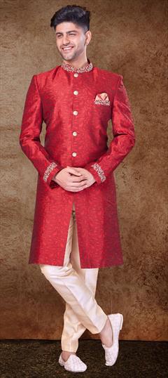 Red and Maroon color Sherwani in Jacquard fabric with Embroidered, Thread, Zari work : 1861177