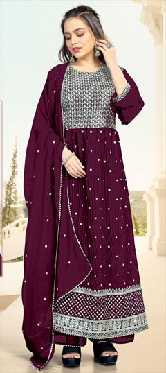 Reception, Wedding Purple and Violet color Salwar Kameez in Georgette fabric with Straight Embroidered work : 1861178