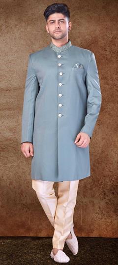 Green color Sherwani in Imported fabric with Bugle Beads, Thread work : 1861181