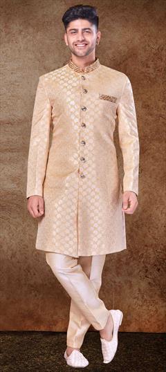 Gold color Sherwani in Jacquard fabric with Stone, Thread work : 1861183