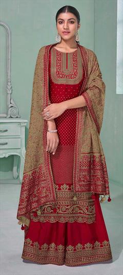 Reception, Wedding Red and Maroon color Salwar Kameez in Georgette fabric with Palazzo Embroidered work : 1861184