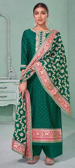 Reception, Wedding Green color Salwar Kameez in Georgette fabric with Palazzo Embroidered work : 1861185