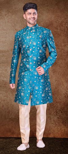 Blue color Sherwani in Art Silk fabric with Embroidered, Stone, Thread work : 1861186