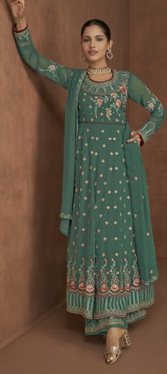 Engagement, Reception Blue color Salwar Kameez in Georgette fabric with Anarkali Embroidered, Stone work : 1861196