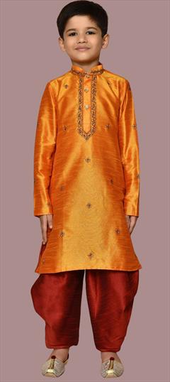 Orange color Boys Dhoti Kurta in Art Silk fabric with Embroidered, Resham, Thread work : 1861264