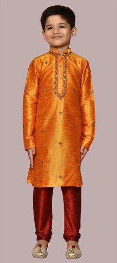 Orange color Boys Kurta Pyjama in Art Silk fabric with Embroidered, Resham, Thread work : 1861356
