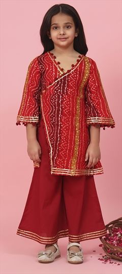 Festive, Summer Red and Maroon color Girls Top with Bottom in Rayon fabric with Palazzo Bandhej, Gota Patti, Printed work : 1861463