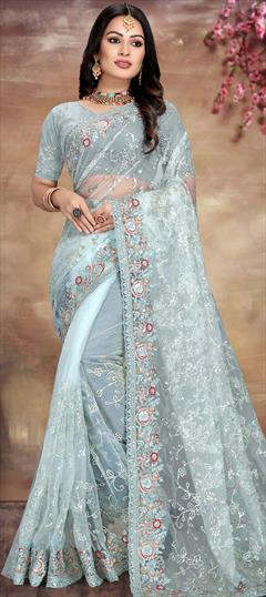 Party Wear, Reception Blue color Saree in Net fabric with Classic Embroidered, Sequence, Thread work : 1861554