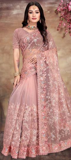 Party Wear, Reception Pink and Majenta color Saree in Net fabric with Classic Embroidered, Sequence, Thread work : 1861555