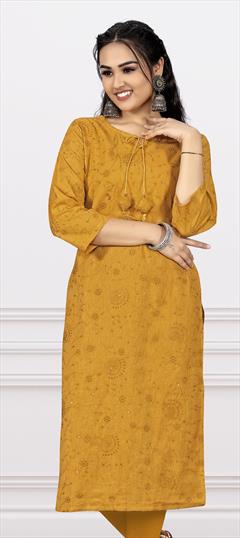 Casual Yellow color Kurti in Cotton fabric with Straight Printed work : 1861704