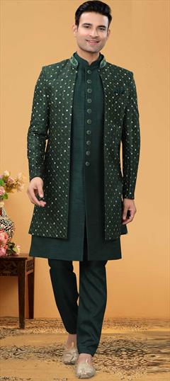 Green color IndoWestern Dress in Art Silk fabric with Embroidered, Thread work : 1861708