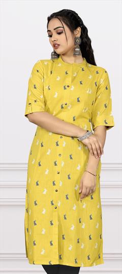 Casual Yellow color Kurti in Cotton fabric with Straight Printed work : 1861710