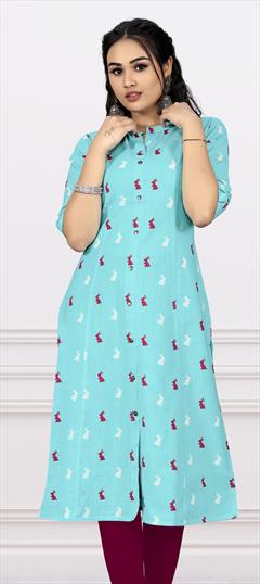 Casual Blue color Kurti in Cotton fabric with Straight Printed work : 1861712