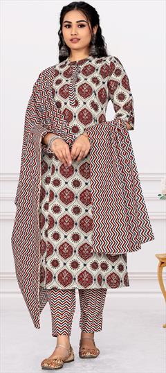 Casual Red and Maroon, White and Off White color Salwar Kameez in Cotton fabric with Straight Printed work : 1861727