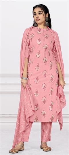 Casual Pink and Majenta color Salwar Kameez in Cotton fabric with Straight Printed work : 1861728
