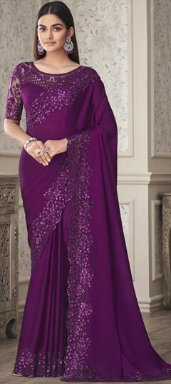 Reception, Traditional Purple and Violet color Saree in Silk fabric with South Sequence, Thread work : 1861742