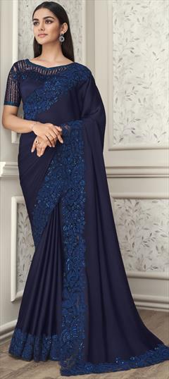 Reception, Traditional Blue color Saree in Silk fabric with South Embroidered, Sequence, Thread work : 1861747