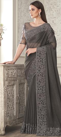 Reception, Traditional Black and Grey color Saree in Silk fabric with South Embroidered, Sequence, Thread work : 1861748