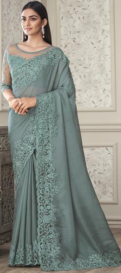 Reception, Traditional Green color Saree in Silk fabric with South Embroidered, Resham, Thread work : 1861749