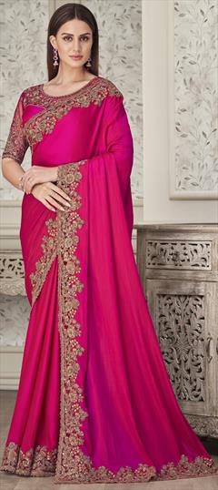 Reception, Traditional Pink and Majenta color Saree in Silk fabric with South Embroidered, Sequence, Thread work : 1861752