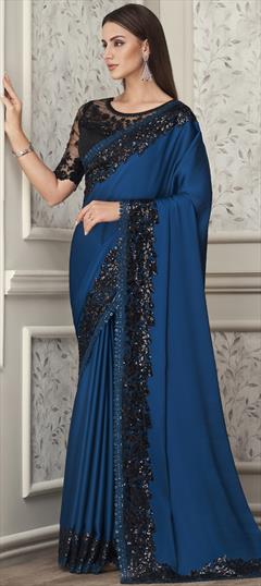 Reception, Traditional Blue color Saree in Silk fabric with South Sequence, Thread work : 1861754