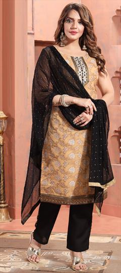 Festive Beige and Brown color Salwar Kameez in Brocade, Silk fabric with Straight Embroidered work : 1861760