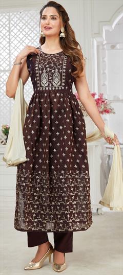 Casual Beige and Brown color Salwar Kameez in Chanderi Silk fabric with Straight Embroidered work : 1861789