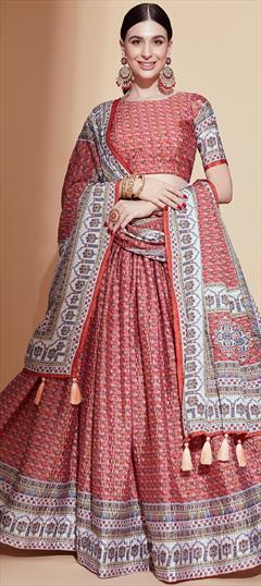Mehendi Sangeet, Reception Red and Maroon color Lehenga in Art Silk fabric with A Line Digital Print, Embroidered work : 1861850
