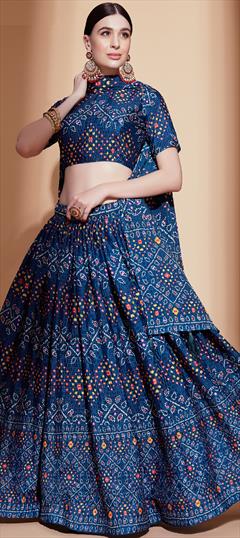 Mehendi Sangeet, Reception Blue color Lehenga in Art Silk fabric with A Line Digital Print, Embroidered work : 1861857