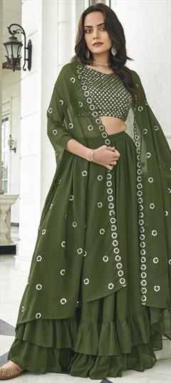 Designer, Party Wear Green color Ready to Wear Lehenga in Faux Georgette fabric with A Line Embroidered, Sequence work : 1861875