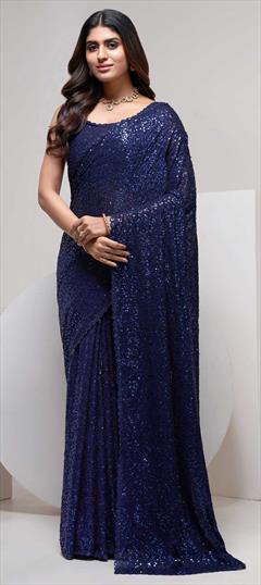 Designer, Party Wear Blue color Saree in Georgette fabric with Classic Embroidered, Sequence, Thread work : 1861894