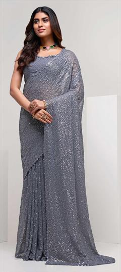 Designer, Party Wear Black and Grey color Saree in Georgette fabric with Classic Embroidered, Sequence, Thread work : 1861896