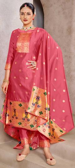 Party Wear Pink and Majenta color Salwar Kameez in Silk fabric with Straight Weaving work : 1861899
