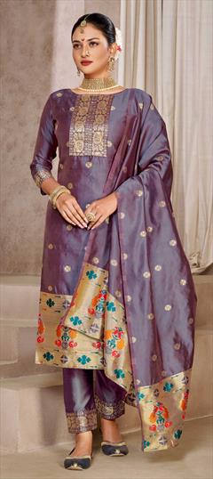 Party Wear Purple and Violet color Salwar Kameez in Silk fabric with Straight Weaving work : 1861901