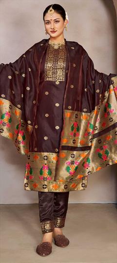 Party Wear Beige and Brown color Salwar Kameez in Silk fabric with Straight Weaving work : 1861902