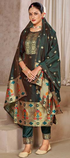 Party Wear Green color Salwar Kameez in Silk fabric with Straight Weaving work : 1861905