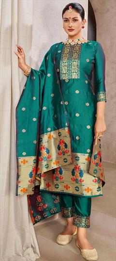 Party Wear Green color Salwar Kameez in Silk fabric with Straight Weaving work : 1861906