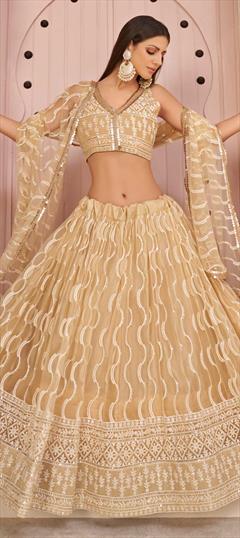 Beige and Brown color Lehenga in Net fabric with A Line Embroidered, Sequence, Thread work : 1861925