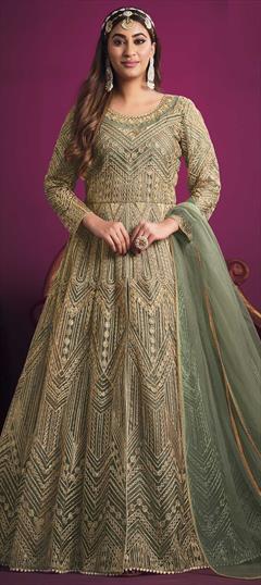 Party Wear, Reception Green color Salwar Kameez in Net fabric with Slits Sequence, Thread, Zari work : 1861980