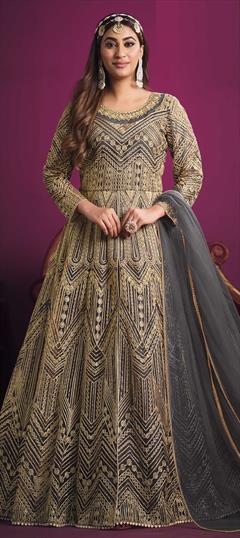 Party Wear, Reception Black and Grey color Salwar Kameez in Net fabric with Slits Sequence, Thread, Zari work : 1861983