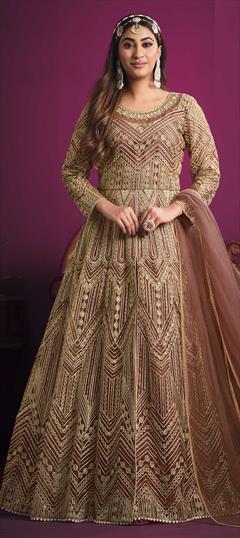 Party Wear, Reception Beige and Brown color Salwar Kameez in Net fabric with Slits Sequence, Thread, Zari work : 1861985
