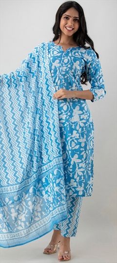 Casual Blue, White and Off White color Salwar Kameez in Cotton fabric with Straight Bugle Beads, Printed, Thread work : 1862007
