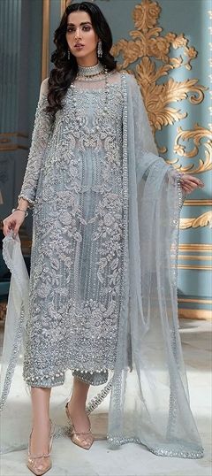 Party Wear, Reception Black and Grey color Salwar Kameez in Organza Silk fabric with Straight Embroidered work : 1862054