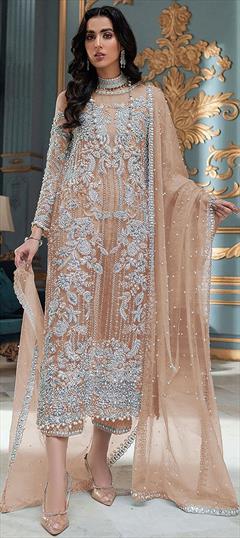 Party Wear, Reception Beige and Brown color Salwar Kameez in Organza Silk fabric with Straight Embroidered work : 1862060