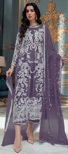 Party Wear, Reception Purple and Violet color Salwar Kameez in Organza Silk fabric with Straight Embroidered work : 1862062