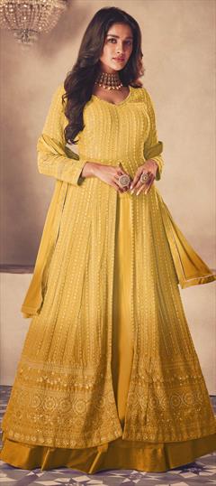 Bollywood Yellow color Long Lehenga Choli in Georgette fabric with Embroidered, Sequence, Thread work : 1862077