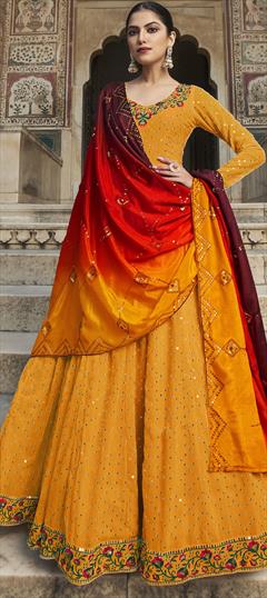 Mehendi Sangeet, Reception Yellow color Gown in Georgette fabric with Embroidered, Sequence, Thread work : 1862134