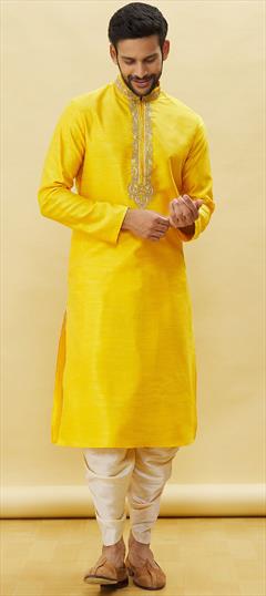 Yellow color Dhoti Kurta in Art Silk fabric with Embroidered, Resham, Thread work : 1862264