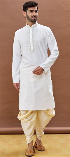 White and Off White color Dhoti Kurta in Cotton fabric with Embroidered, Resham, Thread work : 1862266